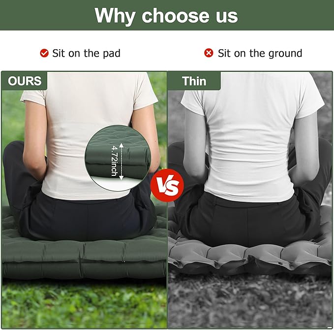 Sleeping Pad 4.7 Extra-Thick &amp Ultralight Inflatable Camping Mat with Pillow Built-in Foot Pump Compact for Backpacking Camping Hiking Travel —Military Green