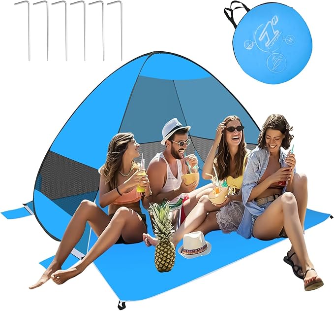 Pop Up Beach Tent Beach Shade with UPF50+ UV Protection Pop Up Tent for 3-4 Person Easy Setup Sun Shade Canopy for Camping Fishing (Light Blue)