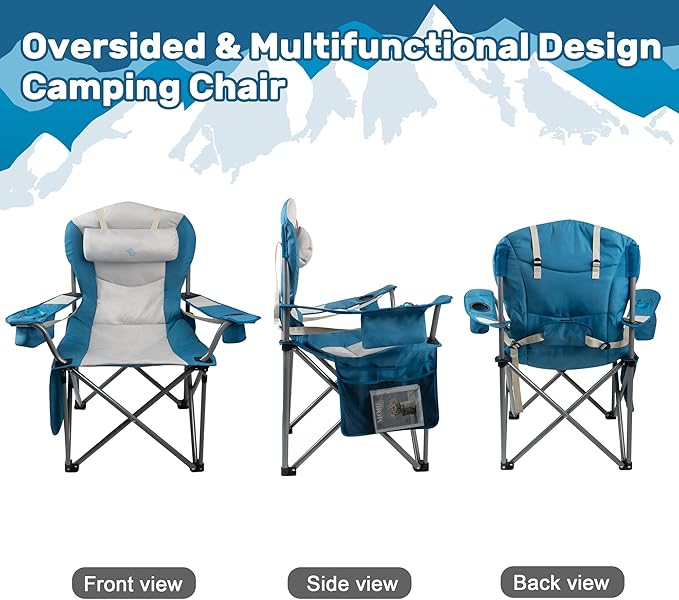 Double Padded Oversized Folding Camping Chair Folding Beach Chair for Adults with Lumbar Support &amp Headrest Camping Chair with Armrest Cooler Bag Side Pocket Cup Holder Blue&ampWhite