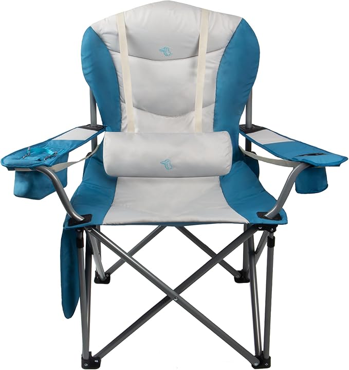 Double Padded Oversized Folding Camping Chair Folding Beach Chair for Adults with Lumbar Support &amp Headrest Camping Chair with Armrest Cooler Bag Side Pocket Cup Holder Blue&ampWhite
