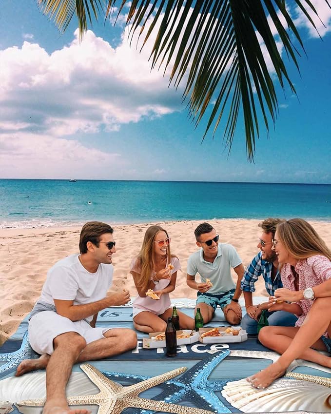 Beach Blanket Waterproof Sandproof Picnic Blanket 83x79 Foldable Beach Mat with Starfish Farmhouse Shell Country Wood Grain Ocean Pattern for Camping Park Grass Beach Travel