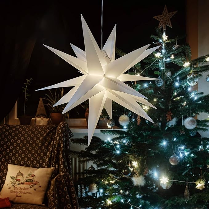 Leejec 22 Moravian Star Light Easy Assembly Christmas Decorations Indoor&amp Outdoor Hanging Advent Star Warm White LED Porch Light with Timer Wedding &amp Home Decor