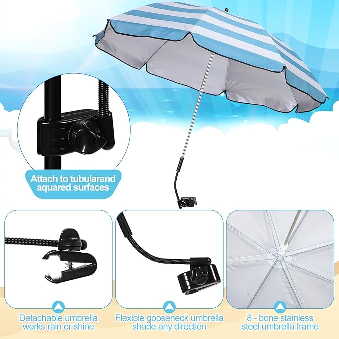 1 Set Beach Chair with Umbrella Foldable Camping Chair Fold up Umbrella with Universal Clamp Large Portable for Outdoors Fishing Camping Hiking Travel Picnic Beach(BlackBlueWhiteStriped)