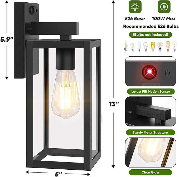 BesLowe 13 Upgraded Motion Sensor Outdoor Wall Lights 2-Pack Dusk to Dawn Porch Light Outdoor Wall Sconce Lanterns 3 Lighting Modes Exterior Lighting Fixtures Black Outside Lights for House Garage