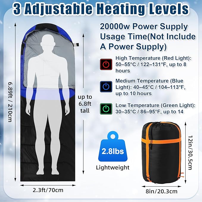 2 Pack Heated Sleeping Bag for Adults USB Electric Cold Weather Sleeping Bag with 4 Zone Carbon Fiber 3 Adjustable Heating Levels Waterproof for All Season Camping &amp Hiking