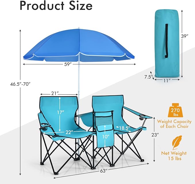 KOTEK Double Camping Chair Folding Camp Chair with Removable Umbrella Cup Holders Cooler Bag Side Pocket &amp Carry Bag 2-Person Beach Chair for Outdoor Sports Concerts Travel Picnic (Turquo