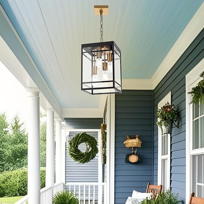 Large Outdoor Pendant Light Fixture for Porch Black Brass Outdoor Hanging Lantern Pendant Light with Clear Glass 4 Lights Exterior Porch Chandelier for Outside PatioFront DoorEnterway