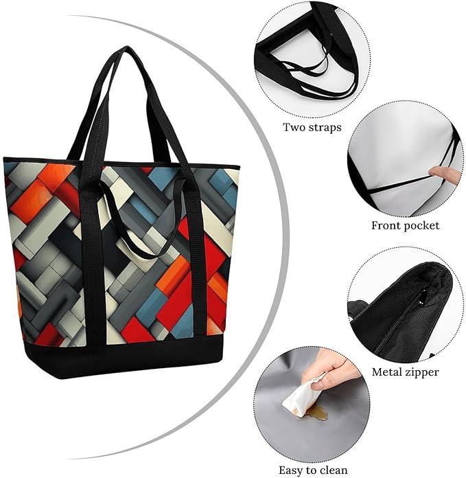 Insulated Shopping BagLarge Reusable Cooler Bags Diagonal Geometric Printed Foldable Shopping BagTravel Waterproof Shoulder Bag