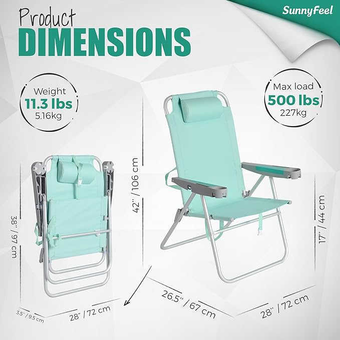 SUNNYFEEL Oversized Tall Folding Beach Chair Lightweight 17 Portable Sand Chair for Adults Heavy Duty 500 LBS with Cup Holders Foldable High Camping Lawn Chairs for Camp/Outdoor/Picnic/Sports