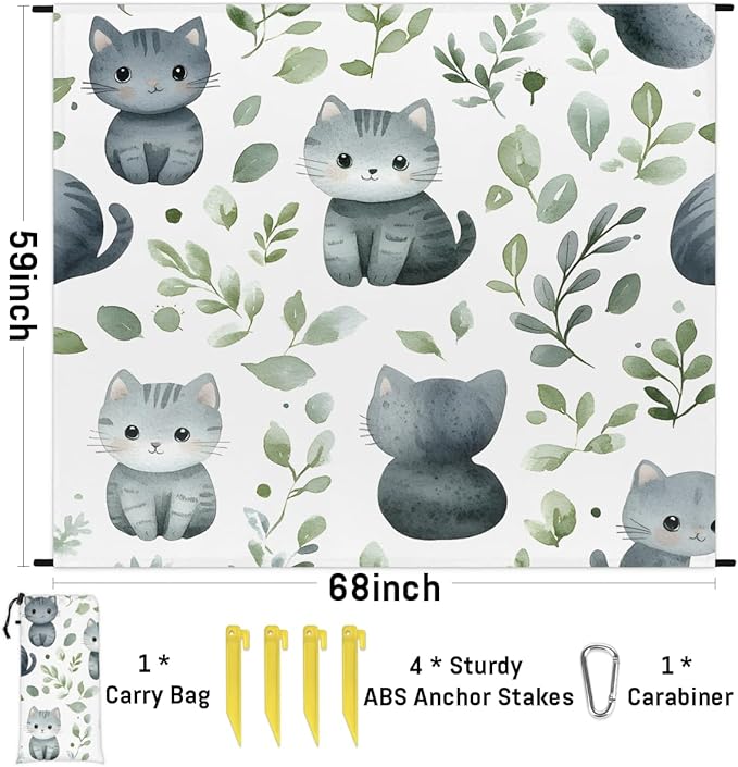 Waterproof Sandproof Beach Blanket 59''×68'' Leafy Cat Polyester Outdoor Picnic Blanket with 4 Stakes &amp Storage Bag for BeachCampingVacation White