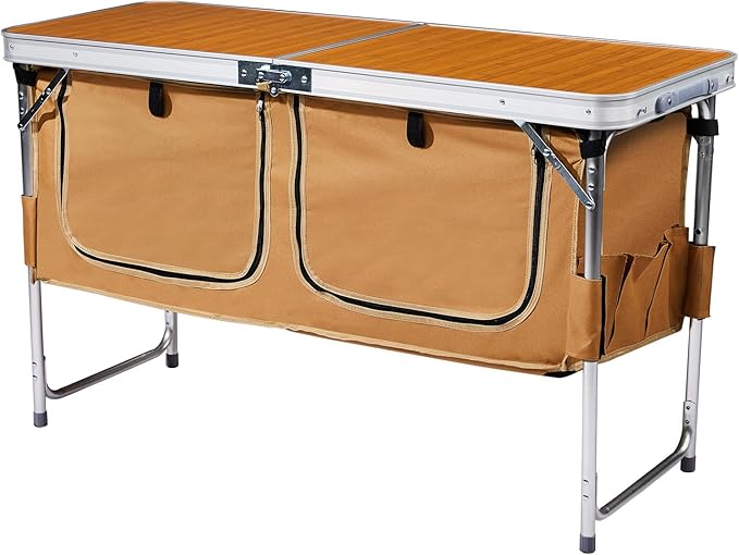 4ft Portable Picnic TablesOutdoor Folding Camping TableAdjustable Height Foldable Grill TablesLightweight Aluminum Picnic Tablewith Storage Compartmentfor Indoor Hiking Camp BBQ Beach (Natural)