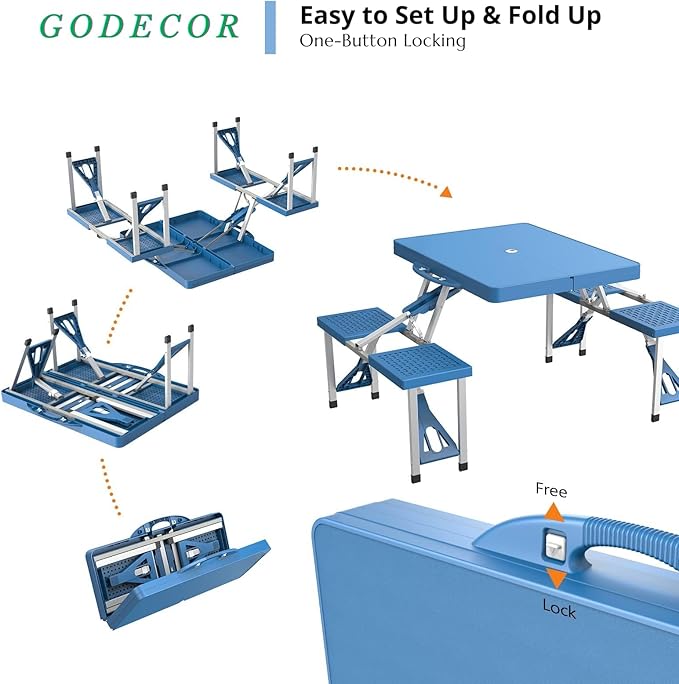 4Ft Folding Camping Picnic Table with 4 Chairs with Umbrella Hole Lightweight Suitcase Card Table-220 Lbs Support Aluminum Frame Plastic RV Tabletop for Outdoor Party Beach and Backyard