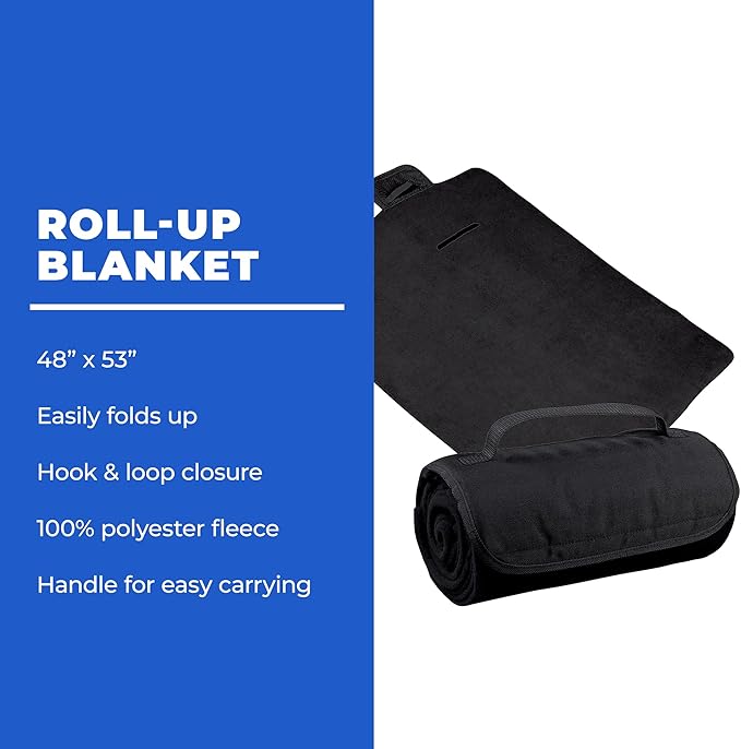 25 Ct of Roll-Up Blankets for Camping Travel Outdoors Beach Picnics – Black – Hook + Loop Closure for Easy Use in Cars &amp on Airplanes – Customizable for Promotions &amp Events
