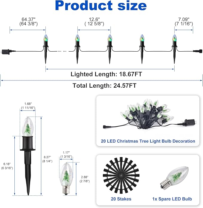 C9 Christmas Pathway String Lights with 20 Christmas Tree Light Bulb Decor- 24.5ft LED Christmas Path Marker Light with 20 Stakes Connectable Outdoor Walkway Lights for Xmas Lawn Yard Garden(20 Light)