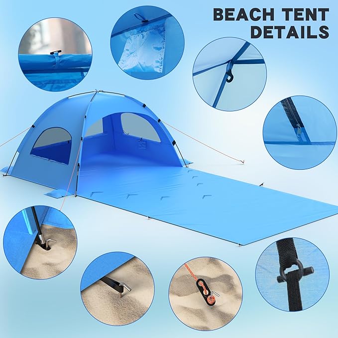 Beach Tent Sun Shelter with Extended Sand Mat 114×82inchUPF 50+ Protection 3 Double-Layer Windows for Enhanced Privacy Portable Beach Shade 3-4 People. Windproof and Waterproof