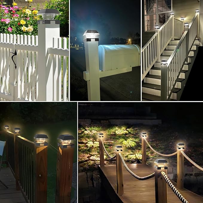 Sumaote Solar Post Cap Lights for 4x4 Wood &amp Vinyl Fence Adjustable Base - 2-Color Modes 3000K/6000K IP65 Waterproof 120 Lumens Dusk to Dawn Outdoor Deck Lighting 4 Pack Black