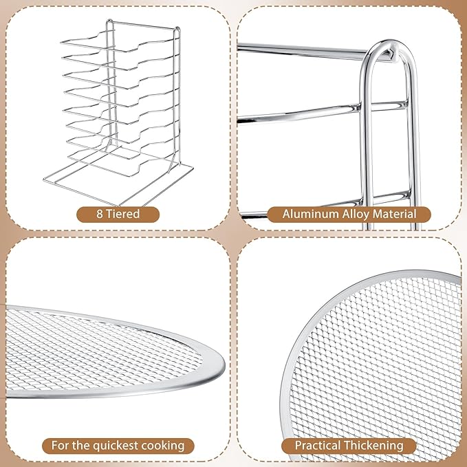 Zhehao Pizza Rack 8 Tiered Stand 16.7'' H x 12'' L x 12'' W and 8 Pcs Pans with Holes Aluminum Baking Set for Easy Storage and Baking Multiple Pizzas