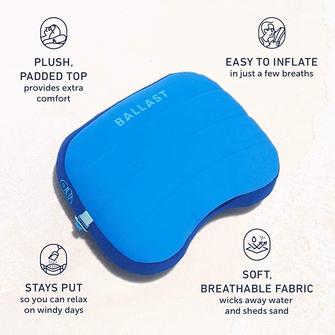 Ballast Beach Pillow – Comfy Durable &amp Compact Stays Put on Windy Beaches with Patented Sand Pouch Inflatable Pillow for Beaches Pools Camping Festivals and Travel (Retro Palm)