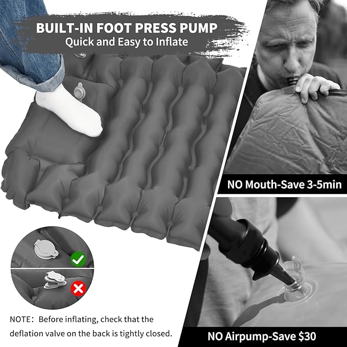 Camping Sleeping Pad Connectable Design for Double Mat Ultralight Inflatable Sleeping Mat with Pillow Built-in Foot Pump Portable Camping Air Mattress for Backpacking Hiking Tent (Grey)