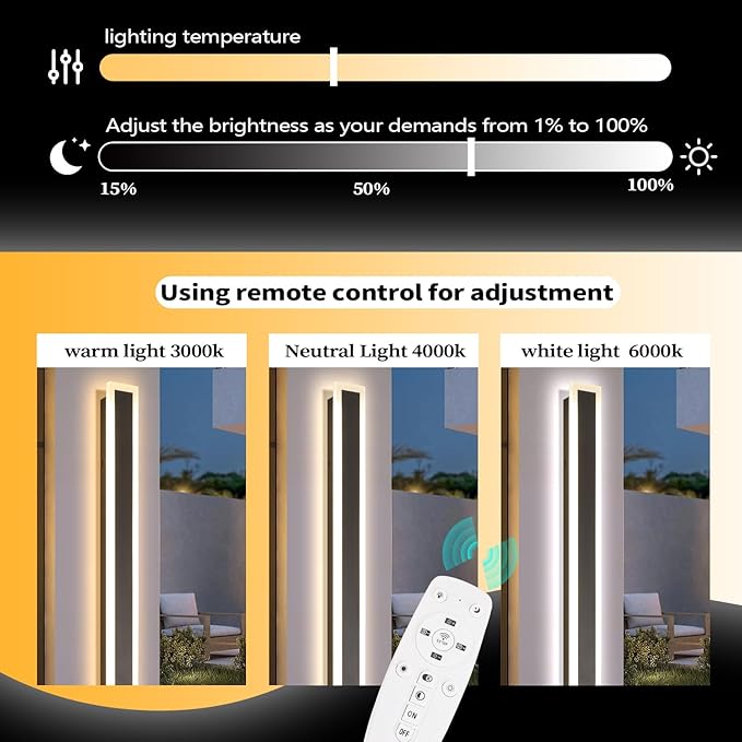 Modern Outdoor Wall Light 71 Inch 3000K-6000K Dimmable Outdoor Wall Lights IP65 Waterproof Black Exterior Sconces Wall Lighting for House Porch Garage Patio Garden