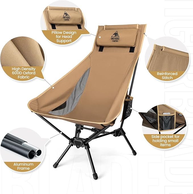 ONETIGRIS Tigerblade High Back Camping Chair with Pillow Design Comfortable Widened Seat Folding Chair