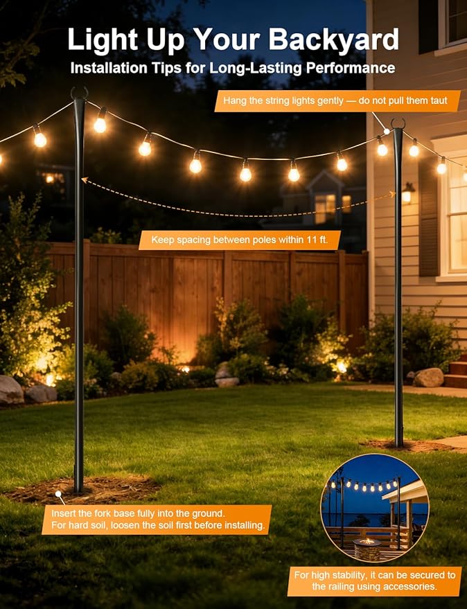 4 Pack String Light Poles for Outside Thickened Metal Christmas Lights Hanger Pole Outdoor with Fork Lighting Hanging Post Accessories for Patio Decor Garden Backyard Yard Outside Decorations