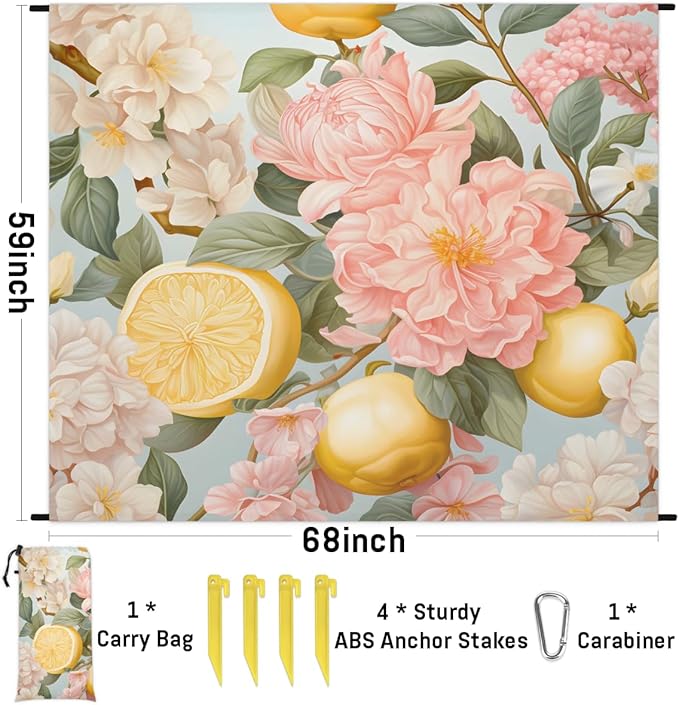 Waterproof Sandproof Beach Blanket 59''×68'' Fruit &amp Flower Polyester Outdoor Picnic Blanket with 4 Stakes &amp Storage Bag for BeachCampingVacation Pink