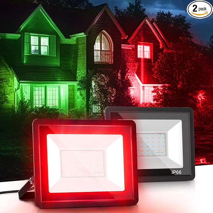 L LOHAS LED Red Flood Light Outdoor 𝑫𝒖𝒔𝒌 𝒕𝒐 𝑫𝒂𝒘𝒏 50W Plug in Flood Light IP66 Waterproof Christmas Party Decorations 2300lm Outdoor Lights for Yard Garage UL Listed 2 Pack