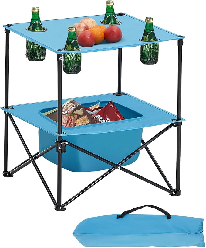 VEVOR Folding Camping Table Portable Outdoor Lightweight Picnic Table 600D Oxford Fabric Waterproof Canvas Travel Beach Tables with 4 Cup Holders Carry Bag for Tailgating Camping Picnic Blue