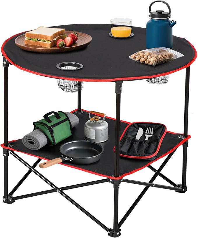 HomGarden 28 Portable Folding Picnic Table Outdoor Camp Table Round 2-Tier with 4 Cup HoldersPortable Tables Folding for BBQ Fishing Beach Table for Party Black