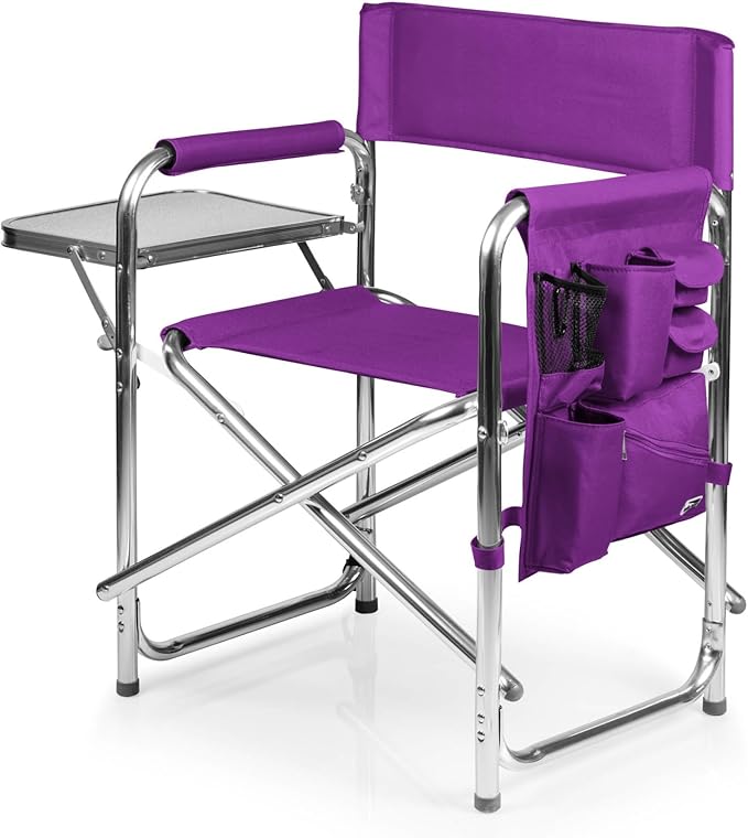 PICNIC TIME Sports Chair with Side Table and Armrest Caddy Lightweight Aluminum Folding Outdoor Camping Chair for Adults Portable Director Style Lawn Seating with Pockets &amp Carry Strap (Purple)