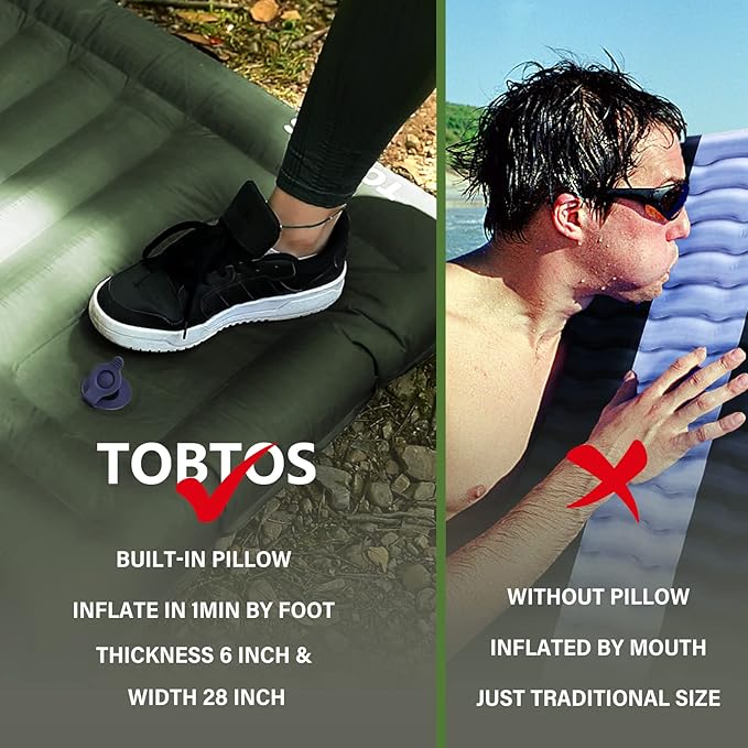 TOBTOS Inflatable Camping Sleeping Pad with Pillow Thick 6 Inch Ultralight Sleeping Pad with Built-in Pump Lightweight Sleeping Mat for Camping Backpacking Hiking Tent (Green)