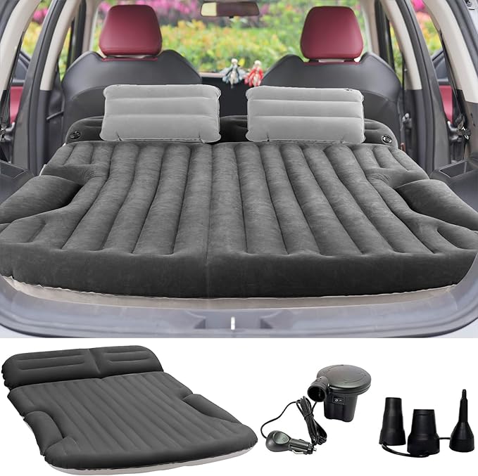 KMZ SUV Air Mattress Thickened and Double-Sided Flocking Travel Camping Bed with 2 Pillows &amp Electric Pump Dedicated Mobile Cushion Inflatable Bed for SUV Trunk and Rear Seat (Dark Gray)