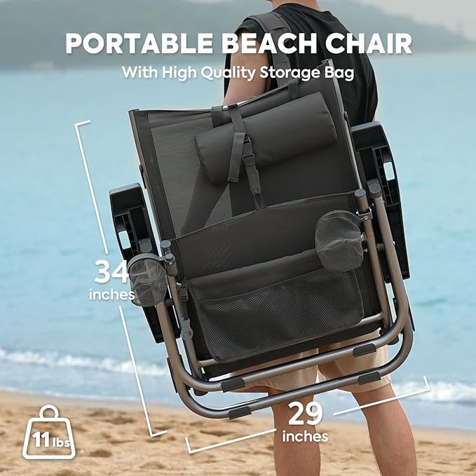 ICECO Bora High Back Beach Chairs for Adults 5 Positions Reclining Beach Chair with Headrests Folding Beach Chair with Cup Holder &amp Storage Bag for Beach Pool Patio Capacity 500lbs