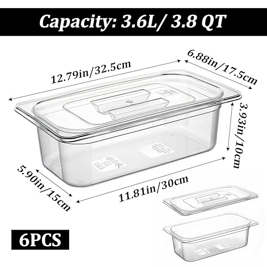 6 Pack Plastic Restaurant Containers with Lids 1/3 Size 4 Inch Deep Commercial Food Storage Containers Stackable Clear Food Pans for Kitchen Restaurant Cafeteria Foods Prep 3.77qt/ 3.57L