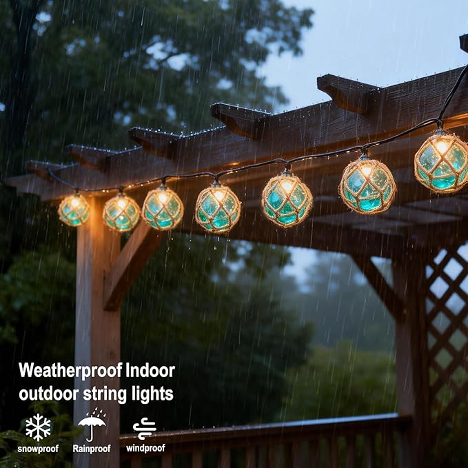 Decorative String Lights Plug in with 10 Incandescent Bulbs Nautical Fishing Float String Lights Connectable Weatherproof for Indoor Home Tiki Bar Decor and Outdoor Patio Decorations (Aqua Blue)