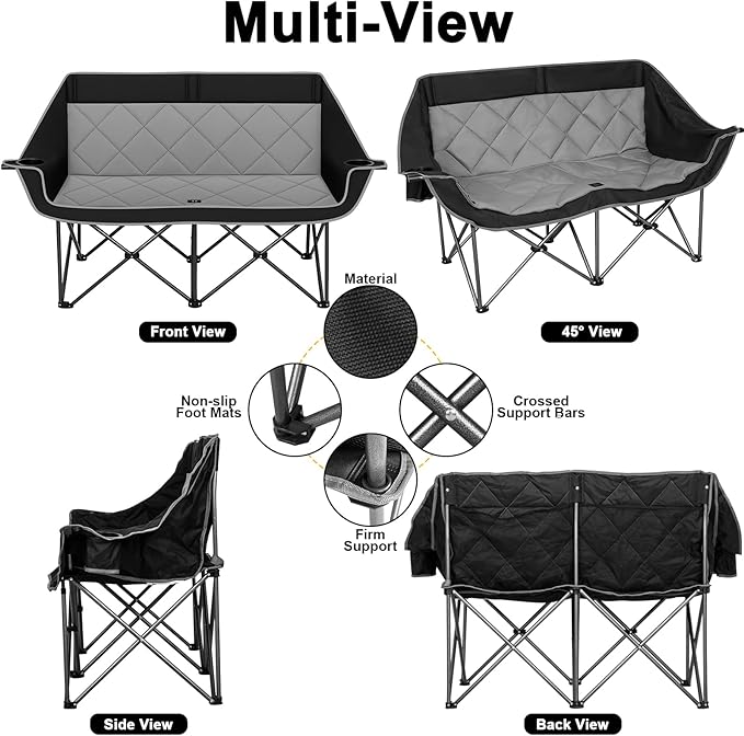 Romswi Double Camping Chair2 Person Camping Chair Oversized Folding LoveseatHeavy Duty Camping Couch &amp Outdoor Sofa with Cup HoldersSupports 750LBS