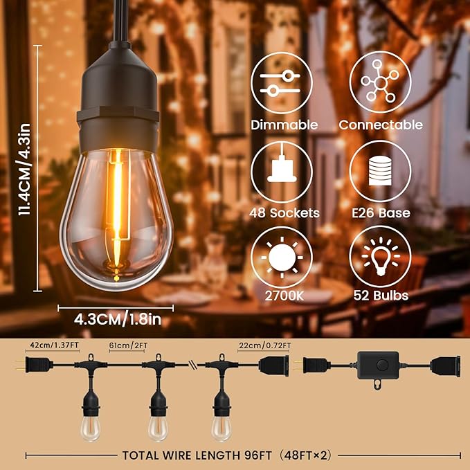 96ft Outdoor String Lights with Remote &amp Dimmer48+4 Commercial Grade IP65 Waterproof Bulbs 2700K Warm White3 Lighting Modes &amp TimerIncludes 50 Cable Ties for PatioGarden Party（48FT*2）