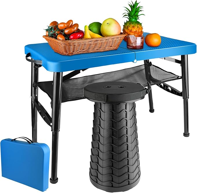 Portable Folding Table and Stool Set Lightweight Foldable Table &amp Collapsible Stool for Camping Picnic Beach Fishing Sturdy Small Outdoor Table with Mesh Layer Storage- Blue