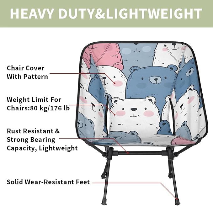 Honeybaby Folding Camping Chair Cartoon Bears Theme Camping Chairs Lightweight Portable Chair Outdoor Foldable Chairs for Camping Travel Picnic Beach Hiking