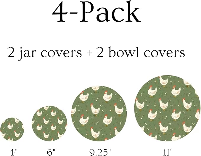 (4-Pack) Sourdough Reuseable Jar &amp Bowl Covers | Cute Baking Gift | 100% Cotton | Washable | Bread Proofing | Kitchen Food Storage Gifting | Starter Cover Lid Kit (Chickens)