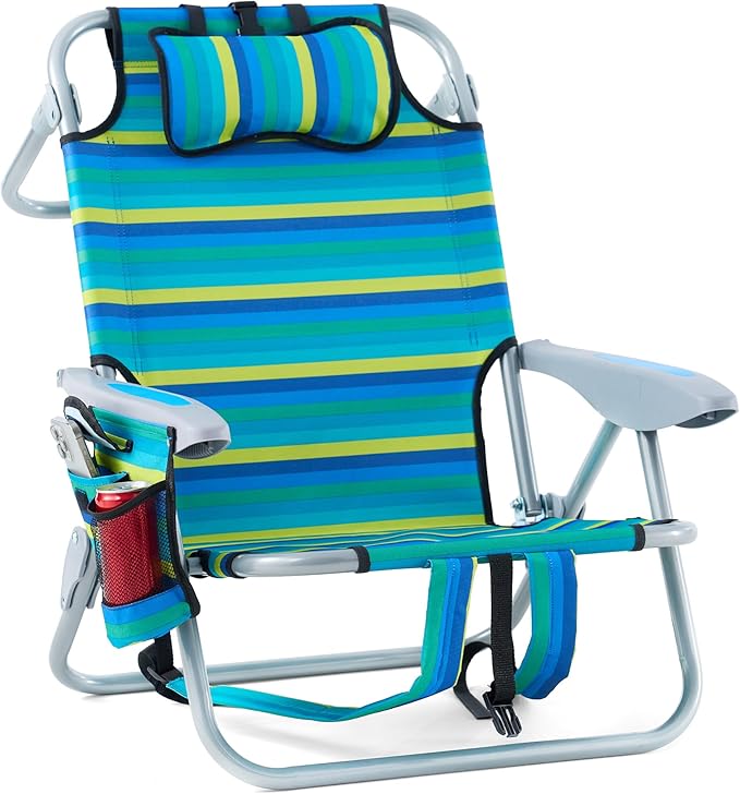 Portable Recliners Chair for Adults Outdoor Camping Chair Lay Flat Folding Backpack Reclining Chair with 5 Positions Headrest Zipper Pouch Cup Holder Multi Srtiped