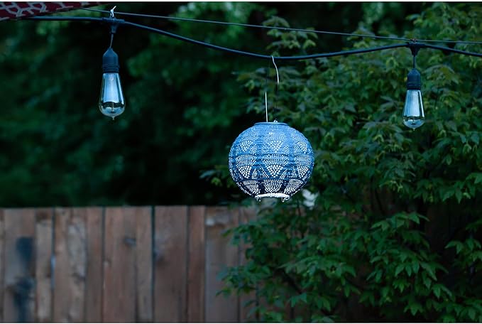 Allsop Soji Stella Globe 8 LED Outdoor Solar Lantern Handmade with Weather-Resistant UV Treated Fabric Stainless Steel Hardware Auto Sensor on/Off for Patio Deck Garden (Metallic Blue)