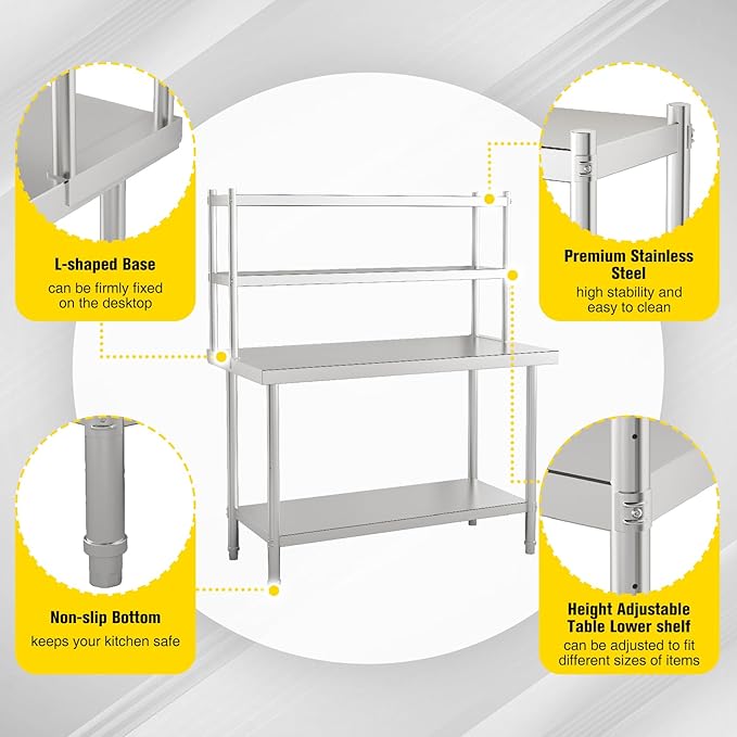 2-Tier Stainless Steel Work Table with Overshelves 47.2 W x 23.6 D x 31.5 H Heavy Duty Commercial Kitchen Prep Table for Restaurant Home Garage Warehouse