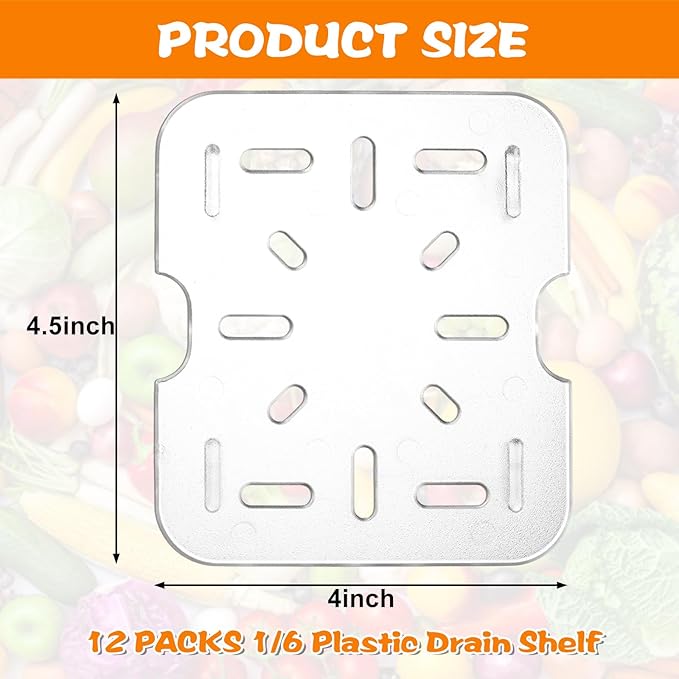 12 PCS Plastic Drain Shelf for 1/6 Size Food Pan Clear Plastic Grate Acrylic Food Drain Trays Plastic Drain Pan Clear Drain Trays for Food Fruit Vegetables Sink Teapot Dish Kitchen Restaurant Hotel