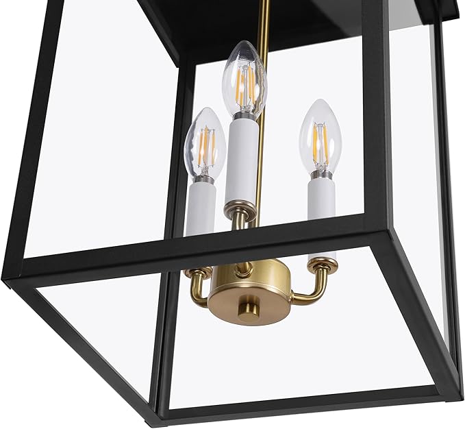 LamQee 21.2'' Large Outdoor Pendant Light Fixtures 3-Light Modern Black Exterior Ceiling Hanging Lantern with Gold and White Candle Outside Chandelier Lighting for Front Porch Entryway Patio Gazebo