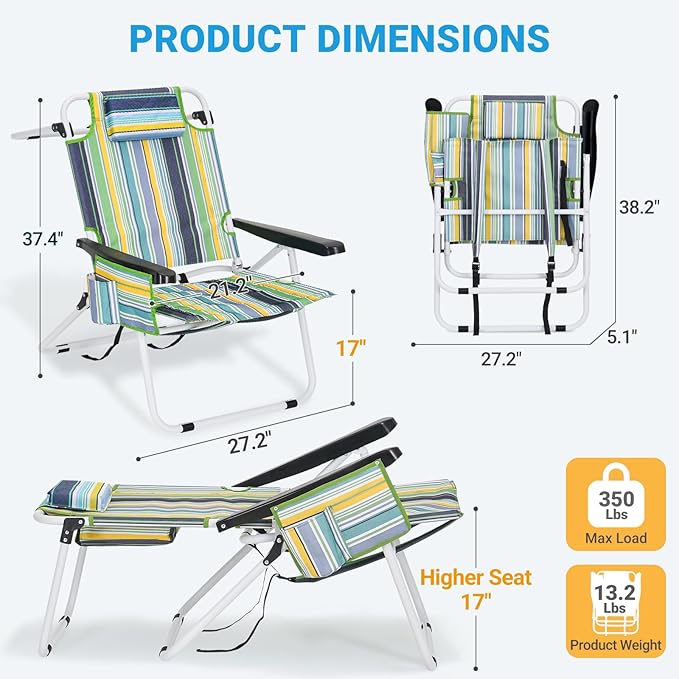 Tall Beach Chair for Adults 17 High Backpack Beach Chair with ArmrestReclining Portable 5 Position Lay Flat Lightweight Folding Camping Chairs w/Large Cooler PouchSupport to 350LBSGreen