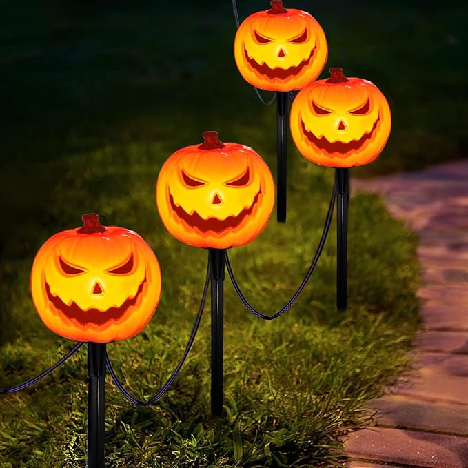 SUNSGNE Halloween Pathway Lights Set of 4 Halloween Pumpkin Stake Lights with 5 C7 LED Light Bulbs(1 Spare) Connectable Pumpkin Light for Path Walkway Driveway Garden Decorations