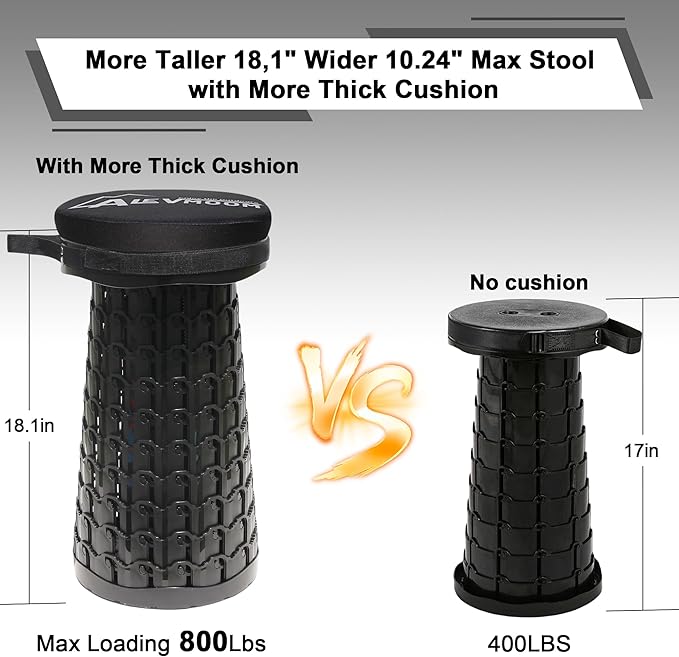 Upgraded Collapsible Stool with Cushion 880Lbs Max Weight Portable Folding Height Adjustable Lightweight Retractable Telescoping Stool for Camping Outdoors Fishing Hiking Travel BBQ with Carry Bag