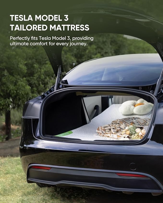 Tesla Model 3 Camping Mattress | Foldable Memory Foam Car Bed Custom-Fit for Tesla Trunk Sleep Pad Non-Slip Dual-Mode Design Skin-Friendly Cover Ideal for Road Trips &amp Car Camping